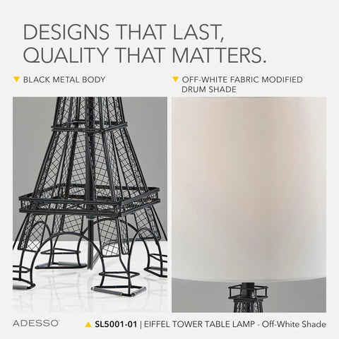 Parisian Eiffel Tower Themed Novelty Table Lamp With Fabric Shade Three Way Dimmable Bedside Desk Light For A Dope Home Office Or Room Decor Vibe 25 By 14 Inches Great Gift For Collectors And Dreamy Decor Lovers, highlighting black metal Eiffel Tower base and off-white fabric shade.