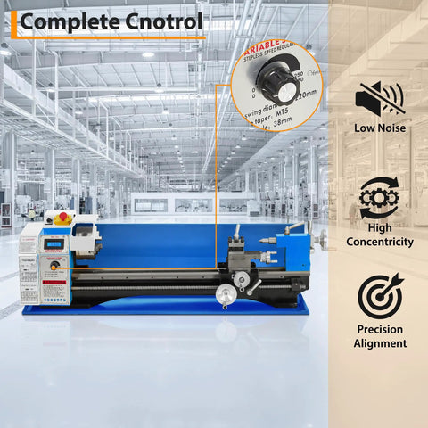 8X30 Inch Mini Metal Lathe With 750W Brushless Variable Speed Motor showing digital control and features in a workshop setting.