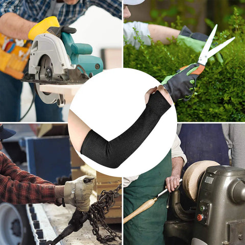 Collage showing uses of Level 5 Cut Resistant Sleeves 2 Pack With Thumb Holes, 18 Inch Extra Long Arm Guards in various work scenarios.