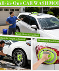 Long Handle Car Wash Brush Kit With Microfiber Mop Mitt used for cleaning SUV roof, wheels, and rear light.
