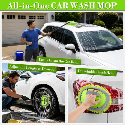 Long Handle Car Wash Brush Kit With Microfiber Mop Mitt used for cleaning SUV roof, wheels, and rear light.