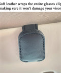 Hella Secure Magnetic Leather Car Visor Sunglasses Holder Stays Put With No Sweat Holds Eyeglasses Firmly and keeps tickets organized showing leather wrap.