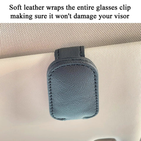 Hella Secure Magnetic Leather Car Visor Sunglasses Holder Stays Put With No Sweat Holds Eyeglasses Firmly and keeps tickets organized showing leather wrap.