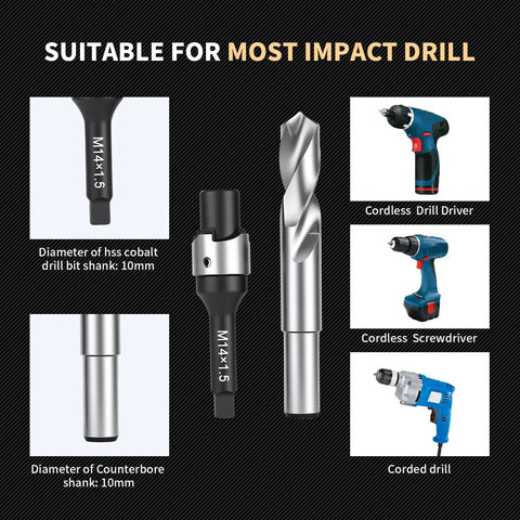 M14X1.5 Thread Repair Kit with stainless steel inserts includes drill tap, counterbore, and drivers suitable for impact drills.