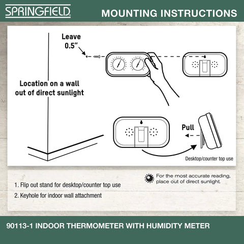 Mounting instructions for Color Track Humidity Meter And Indoor Thermometer Analog Weather Station with wall and desktop setup options.