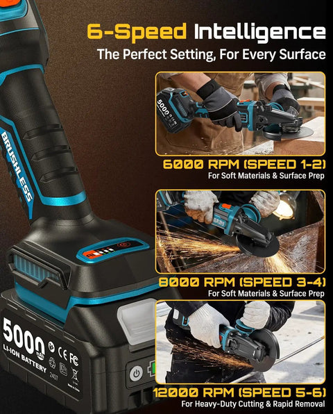 Flathead Brushless Cordless Angle Grinder Kit With Five Amp Hour Battery And Fast Charger, variable speed control