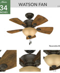 Watson Indoor Ceiling Fan With LED Light And Easy Pull Chain Control In Bronze Finish Whisper Wind Quiet Multi Speed Reversible Motor Tea Stain Glass Globe Classic Home Comfort Room Ready, 34-inch with reversible blades.