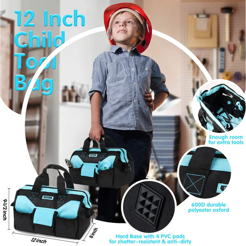Child holding 12-inch tool bag from 26 Piece Kids Size Tool Set With 12 Inch Tool Bag For Boys And Girls Age 6 Plus Real Hand Tools