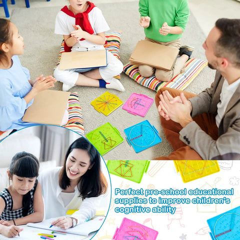 Children using Twelve Double Sided Geoboards With Rubber Bands For Kids Geometry Learning Classroom Set Back To School Durable Plastic Six Point Nine By Six Point Three Inches Great For Teachers And Fam Math Activities.
