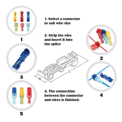 Diagram of Premium 240 Piece T Tap Wire Connectors Kit with instructions for self stripping quick splice terminals AWG 22 to 10.