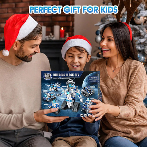Family giving 6 In 1 STEM Robot Building Kit With 780 Pieces, App And Remote Control Space Robot Toys For Kids Ages 8 To 14