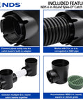 Round Spee-D Catch Basin Drain With Dual Outlets For 3-Inch Or 4-Inch Pipes Plastic Black 6-Inch with mesh cover and connectors