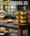 Rotating 360 Degree Screw And Bolt Organizer With 12 Small Parts Bins, placed on workbench, showing yellow bins with screws.