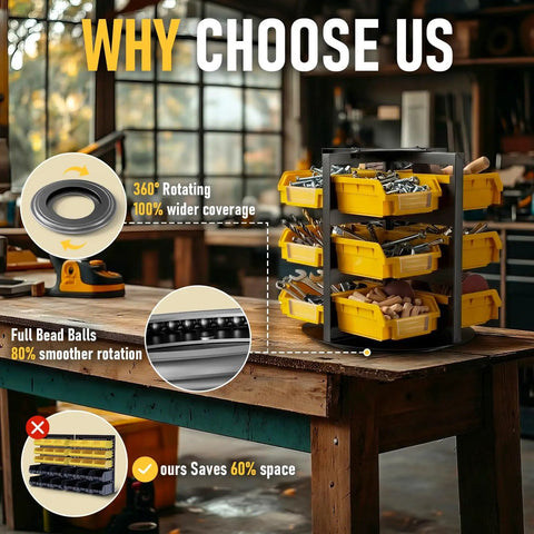 Rotating 360 Degree Screw And Bolt Organizer With 12 Small Parts Bins, placed on workbench, showing yellow bins with screws.