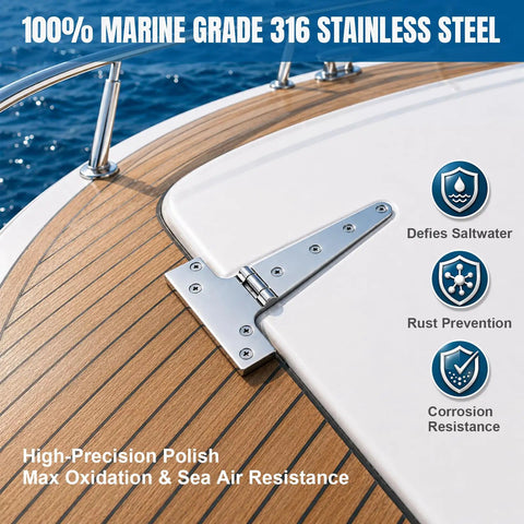 Tough As Nails 8X4 Inch 316 Marine Grade Stainless Steel T Hinges 2 Pack attached to wooden boat deck
