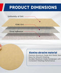 Product dimensions of 100 Pcs Hook And Loop Sanding Discs made from premium aluminum oxide grit for quick easy replacement.