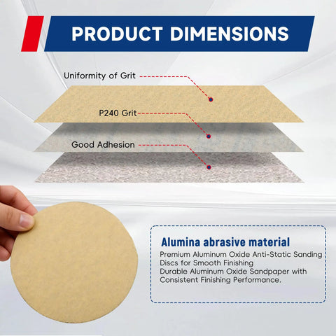 Product dimensions of 100 Pcs Hook And Loop Sanding Discs made from premium aluminum oxide grit for quick easy replacement.