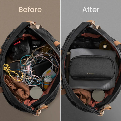Before and after of Electronics Organizer Travel Case Water Resistant Cable Organizer, messy vs. neatly organized cables and tech.