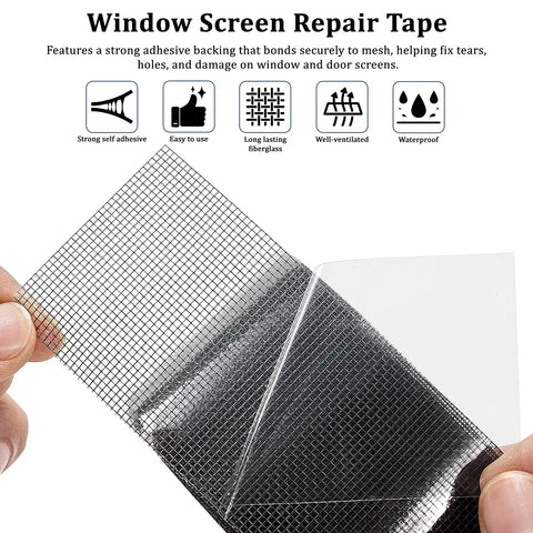 Close-up of Heavy Duty Black Window Screen Repair Tape 2 Inch By 30 Foot Fiberglass Patch with strong adhesive being applied.