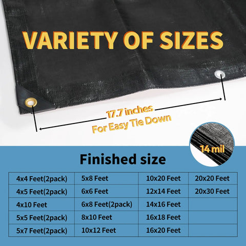 Heavy Duty Waterproof Tarp 4x5 Feet Two Pack 14 Mil Polyethylene Tarps with size and grommet details, variety of sizes shown