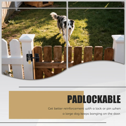 Tough As Nails Automatic Gate Latch For Outswinging Pool And Garden Fences Self Locking Metal Design Rust Resistant Build No Fuss Push Pull Operation Black on wooden gate with dog in yard.