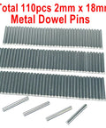 Heavy Duty 304 Stainless Steel Dowel Pins 2Mm X 18Mm Precision Ground Metal Shelf Pegs 110 Pack displayed in rows.