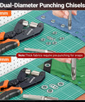 Grommet Tool Kit With Interchangeable Double Head For Three Eighths And One Quarter Inch Grommets displayed on fabric.