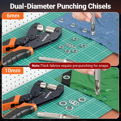 Grommet Tool Kit With Interchangeable Double Head For Three Eighths And One Quarter Inch Grommets displayed on fabric.