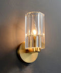 Super Sleek Modern Copper Brass Wall Sconce With Geometric Cylindrical Glass Shade For Bedroom Bedside And Living Room E14 Compatible Accent Lamp, clear glass shade detail.