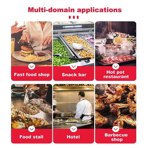Multi-domain applications of Industrial Dual-Motor Shredded Meat Cutting Machine in food venues like restaurants, hotels, and snack bars.