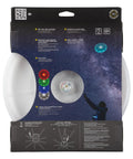 Packaging of Flashflight LED Light Up Frisbee Rechargeable Flying Disc with Disc O Tech, showing color modes and features.