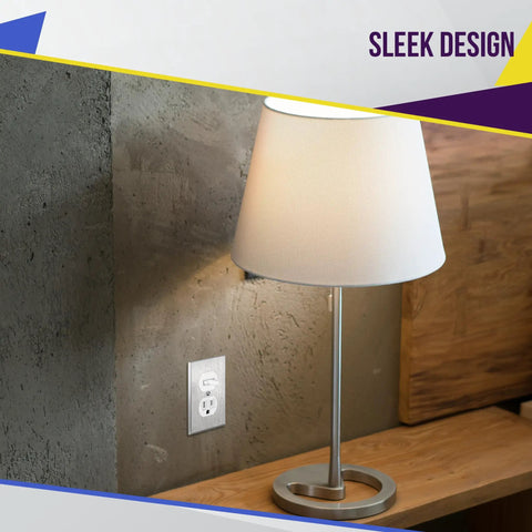 Toggle Switch And Tamper Resistant Outlet Combo For DIY Friendly Home Use UL Listed Built With Impact Resistant Polycarbonate Thermoplastic Shallow Body Fits Standard Junction Boxes Push In And Side Wiring For 12 To 14 AWG Copper Ground Terminal on wall beside lamp