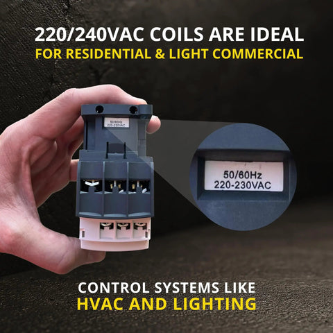 Person holding Beefy 3 Pole 30 Amp AC Contactor With 1NO 1NC Aux Contacts 220 240V Coil, close-up of label showing 220-230VAC rating.