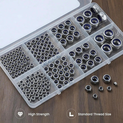 170 Piece Metric Lock Nut Set Nylon Insert Locknuts M3 M4 M5 M6 M8 M10 M12 Stainless Steel Self Locking Nuts in organizer box