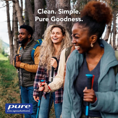Three people hiking with backpacks and walking poles, smiling in a forest setting. Text overlay reads: 'Clean. Simple. Pure Goodness.'
