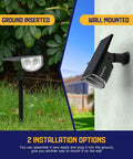 Solar Color Spotlight 2 Pack With 9 Lighting Modes And 38 LEDs RGBW Multicolor Waterproof Outdoor Lights installed on ground and wall
