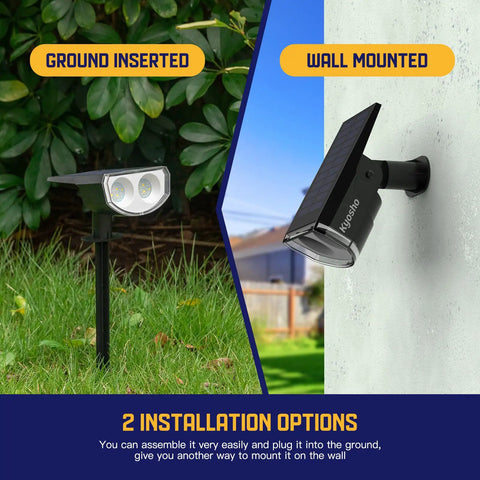 Solar Color Spotlight 2 Pack With 9 Lighting Modes And 38 LEDs RGBW Multicolor Waterproof Outdoor Lights installed on ground and wall