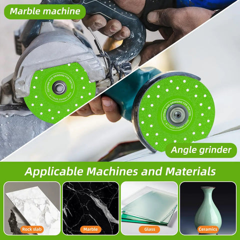 4 Piece 4-1/2 Inch Diamond Saw Blade Set For Angle Grinder With Ceramic Glass Tile Rock Cutting Discs And Multi Hole Cooling Technology Built Tough Industrial Strength Diamond Blades shown in use