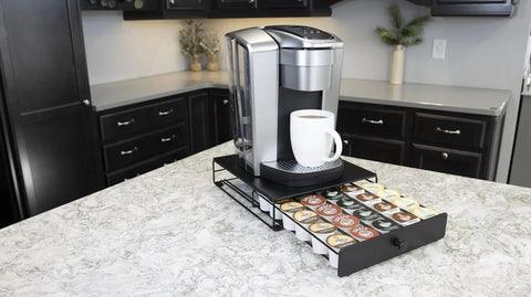 Under Coffee Pot Storage Sliding Drawer Space Saver For K Cup Pods, Black, 30 Pod Capacity, Non Rolling, Compact Counter Organizer For Home Kitchen Fits Most K Cup Pods, Keeps Counters Clean, Easy Slide, Non Slip Base, Black Finish