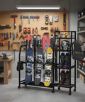 Total Game Changer For Your Ride This Freestanding Ski And Snowboard Stand with skis, boards, helmets, and boots organized.
