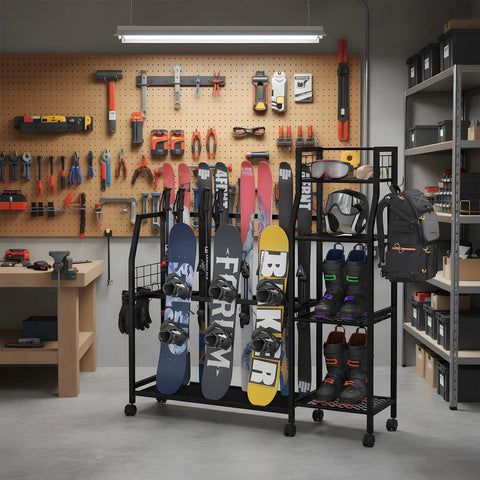 Total Game Changer For Your Ride This Freestanding Ski And Snowboard Stand with skis, boards, helmets, and boots organized.