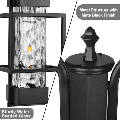 Close-up of Two Head Outdoor Lamp Post Light Hardwired Street Pole For Outdoor Use With Water Glass Shade and metal structure