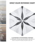 Grout color chart next to Dope Bardiglio Hex Flower Porcelain Tile 7x8 for floor and wall with medium sheen and subtle tone variation.