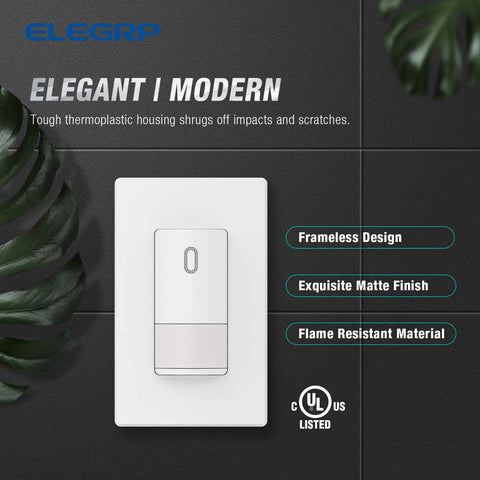 Single Pole Motion Sensor Light Switch With Grounding Wire, matte white, frameless design on a tiled wall, UL listed