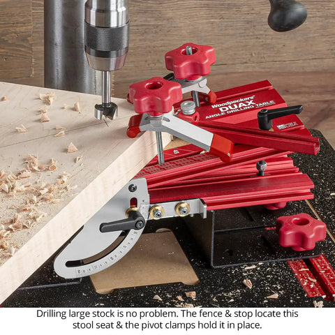 Dual Axis Angle Drilling Guide With Adjustable Fence And Clamp Table USA Made Drill Press Jig and V Block Grooves in use