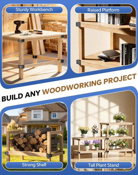 Heavy Duty Steel Workbench Bracket Kit 8 Pack 3 Way Right Angle Corner Brackets With Screws For Custom Work Tables Workbenches And Shelves For 2x4 Lumber, shown in workbench, platform, shelf, and plant stand setups