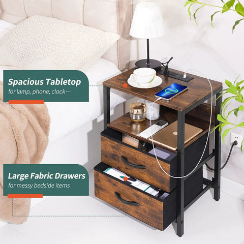 Nightstand With Charging Station And USB Ports, Compact Bedside Table With Fabric Drawers in bedroom setup