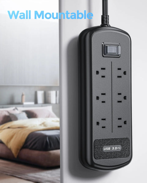 Weatherproof Outdoor Power Strip With 3 USB Ports And 6 Outlets, 6 Ft Cord, Waterproof Surge Protector shown wall mounted indoors.