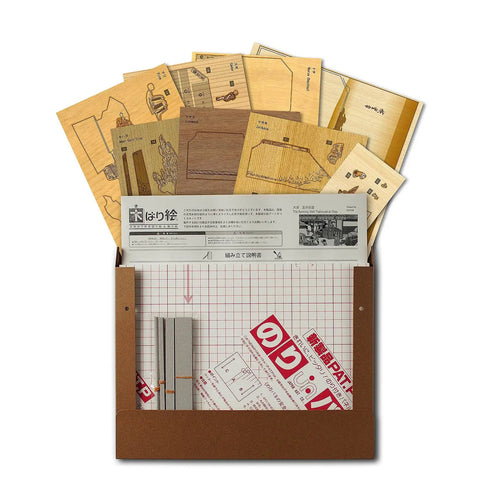 Ukiyoe Art Kit Kiharie The Running Well Teahouse At Otsu By Hiroshige Made In Japan showing contents with Japanese sliced wood pack.