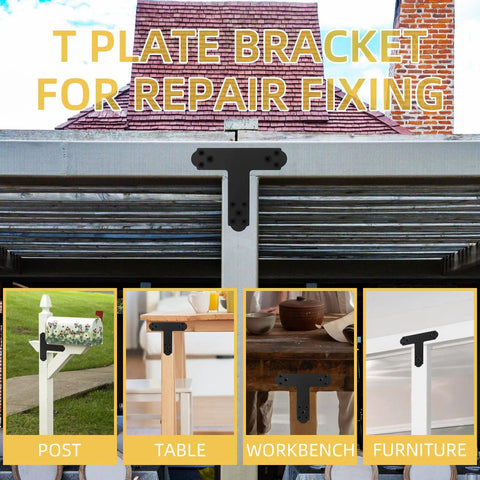 Black T Bracket Set For Wood And Steel, Post To Beam Connectors installed on pergola, 6 Pcs Flat T Plate Brackets With Screws.